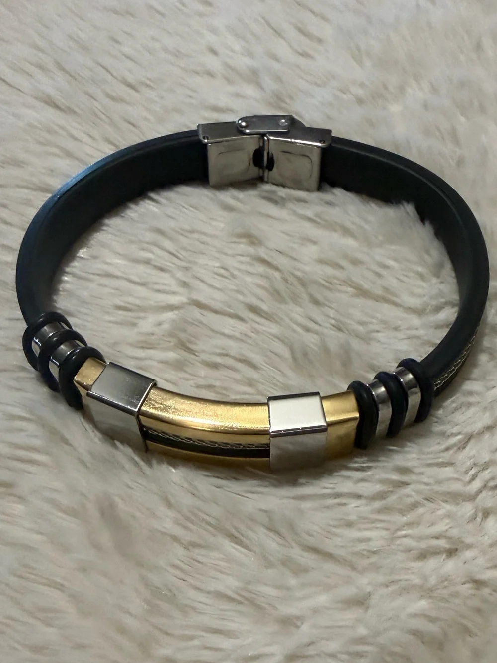 Men's Black Leather Bracelet with Gold-Tone Bar and Silver Accents